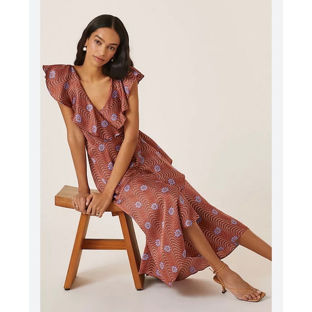 Anthropologie Rust Brown Floral Ruffle Wrap Maxiā Dress Small Boho V-Neck
